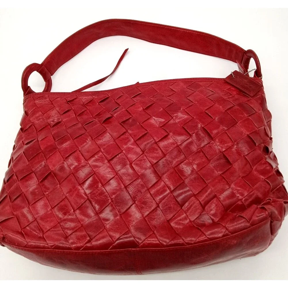 Latico Red Woven Leather Basketweave Pattern Large Handbag